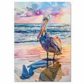 Watercolor Painting of Pelican on Beach with Sunset Sky and Ocean Waves Reflected in Sand on Ready to Hang 1.5" Thick Canvas Wrap, Floating Framed Canvas, Flat Rolled Canvas